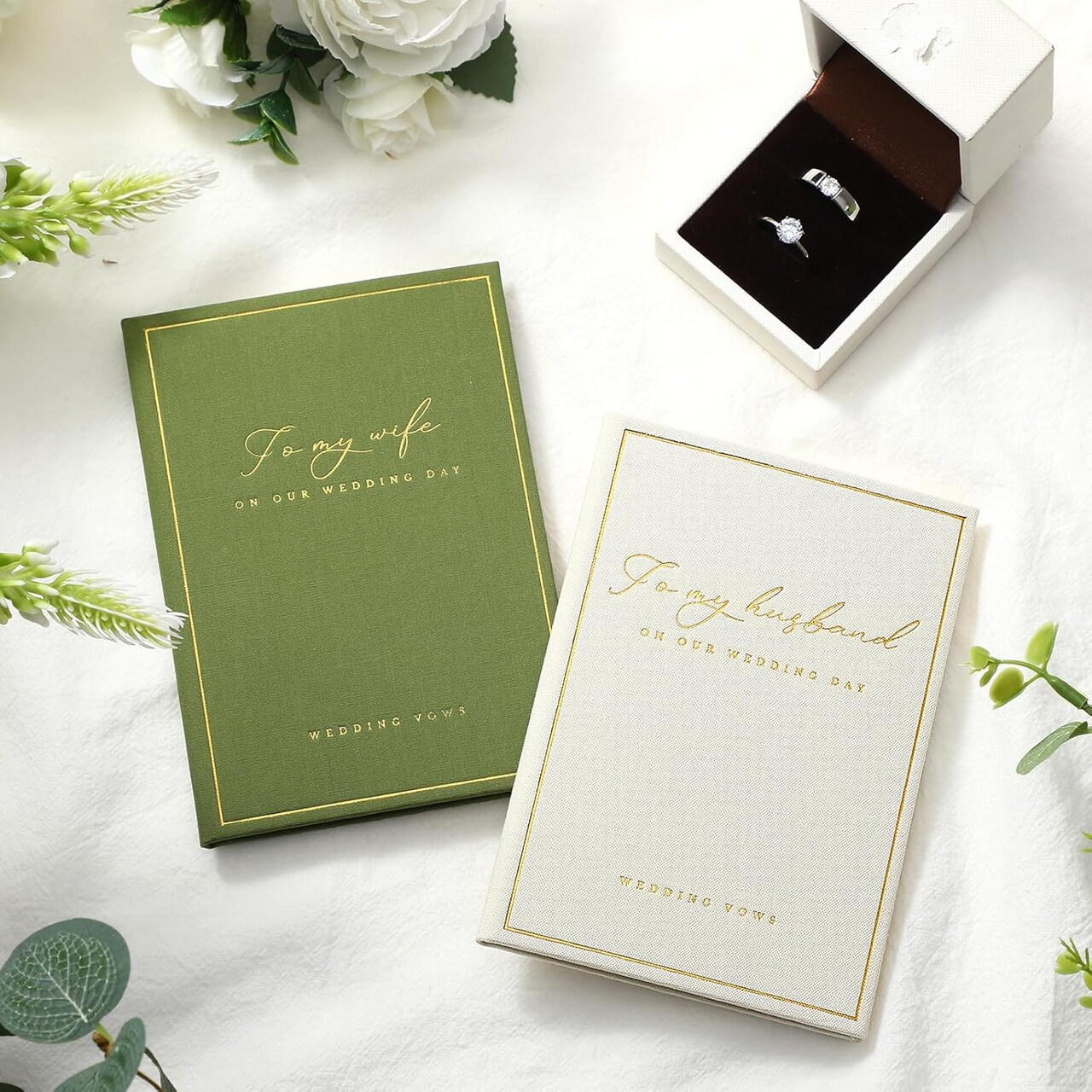 2 Pcs Vow Books to Husband Wife Wedding Book with Gold Foil Lettering Lined Page Hard Cover Vow Book Engagement Gift for Groom Newly Engaged Couple Wedding Must Have(Dark Green-Light Green)